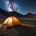 **

A spacious four-season tent pitched in a vast, rugged Mongolian landscape under a starry night sky. The tent is a warm color, illuminated from the inside. Camping gear is neatly organized inside, visible through the open door.

**