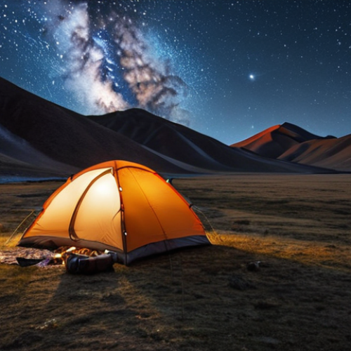 Home 19 **
A spacious four-season tent pitched in a vast, rugged Mongolian landscape under a starry night sky. The tent is a warm color, illuminated from the inside. Camping gear is neatly organized inside, visible through the open door.
**
