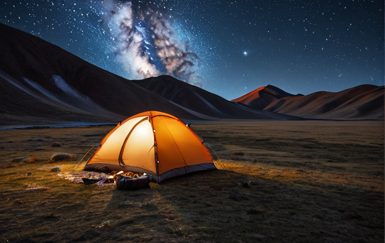**
A spacious four-season tent pitched in a vast, rugged Mongolian landscape under a starry night sky. The tent is a warm color, illuminated from the inside. Camping gear is neatly organized inside, visible through the open door.
**