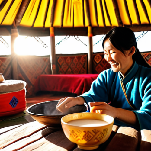 Home 18 A deeply comforting and authentic scene inside a traditional Mongolian yurt. Golden hour light streams through the felt, highlighting the warm, inviting interior. A welcoming Mongolian host, with a kind smile, extends both hands to offer a steaming, creamy bowl of Suutei Tsai (salty milk tea) to a guest. The focus is on the genuine hospitality, the rich texture of the tea, and the cozy, comforting atmosphere of the nomadic home.