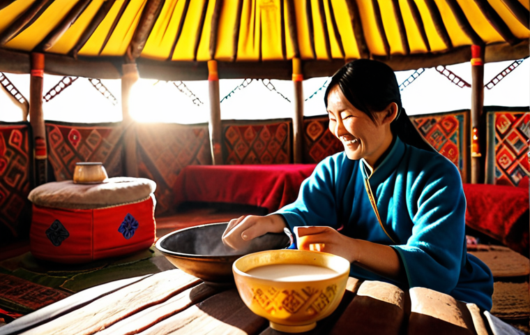 A deeply comforting and authentic scene inside a traditional Mongolian yurt. Golden hour light streams through the felt, highlighting the warm, inviting interior. A welcoming Mongolian host, with a kind smile, extends both hands to offer a steaming, creamy bowl of Suutei Tsai (salty milk tea) to a guest. The focus is on the genuine hospitality, the rich texture of the tea, and the cozy, comforting atmosphere of the nomadic home.