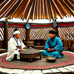 A captivating professional historical museum diorama depicting ancient Mongolian nomadic life inside a traditional ger (yurt), showcasing meticulously crafted bronze artifacts, ancient hunting tools made of stone and bone, and traditional musical instruments. The scene includes fully clothed figures in authentic, modest Mongolian attire engaged in daily activities, illustrating their ingenuity and resilience. The background hints at the vast, open steppes. Professional photography, sharp focus, natural lighting, rich textures, perfect anatomy, correct proportions, natural pose, well-formed hands, proper finger count, natural body proportions, safe for work, appropriate content, fully clothed, family-friendly.