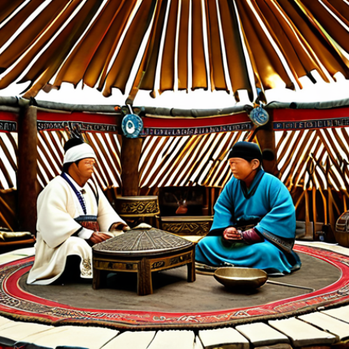 Home 17 A captivating professional historical museum diorama depicting ancient Mongolian nomadic life inside a traditional ger (yurt), showcasing meticulously crafted bronze artifacts, ancient hunting tools made of stone and bone, and traditional musical instruments. The scene includes fully clothed figures in authentic, modest Mongolian attire engaged in daily activities, illustrating their ingenuity and resilience. The background hints at the vast, open steppes. Professional photography, sharp focus, natural lighting, rich textures, perfect anatomy, correct proportions, natural pose, well-formed hands, proper finger count, natural body proportions, safe for work, appropriate content, fully clothed, family-friendly.