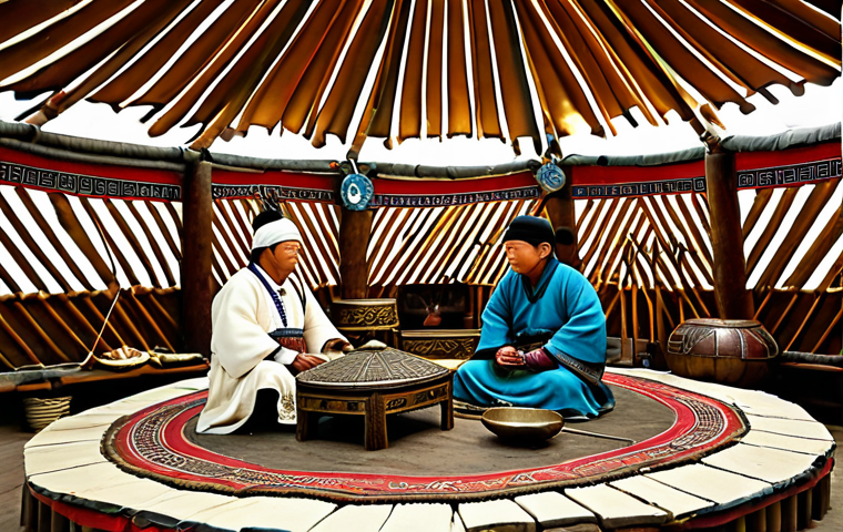 A captivating professional historical museum diorama depicting ancient Mongolian nomadic life inside a traditional ger (yurt), showcasing meticulously crafted bronze artifacts, ancient hunting tools made of stone and bone, and traditional musical instruments. The scene includes fully clothed figures in authentic, modest Mongolian attire engaged in daily activities, illustrating their ingenuity and resilience. The background hints at the vast, open steppes. Professional photography, sharp focus, natural lighting, rich textures, perfect anatomy, correct proportions, natural pose, well-formed hands, proper finger count, natural body proportions, safe for work, appropriate content, fully clothed, family-friendly.