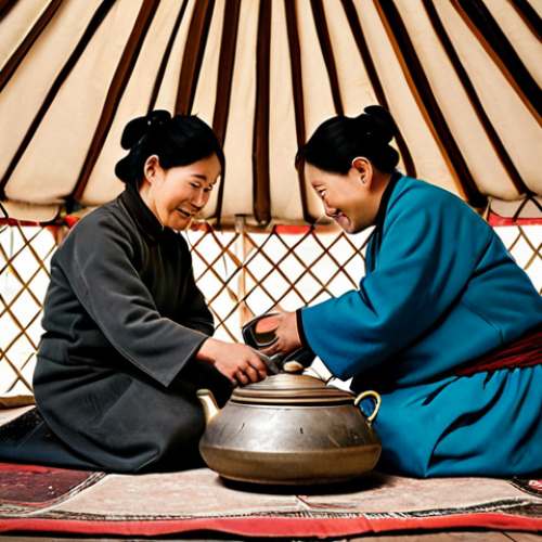 Home 8 **
"A warm and inviting scene inside a traditional Mongolian yurt. A family, fully clothed in modest, traditional clothing, are gathered around a low table. A steaming pot of Mongolian tea is the centerpiece. Focus on the expressions of connection and hospitality. Soft, natural lighting. Safe for work, appropriate content, fully clothed, family-friendly, perfect anatomy, correct proportions, natural pose, professional."
**