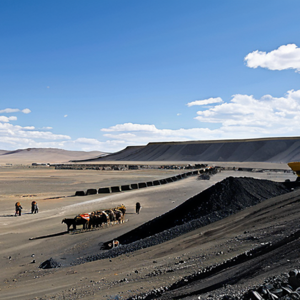 Mining Landscape**
"A vast, open-pit coal mine in Mongolia, daytime, with heavy machinery operating in the distance. In the foreground, show the stark contrast with traditional nomadic herding land, perhaps with a single *ger* tent visible far away. Focus on the environmental impact and scale. Fully clothed workers are visible but not the focus. Safe for work, appropriate content, professional, perfect anatomy, natural proportions, fully clothed, dramatic sky."
**