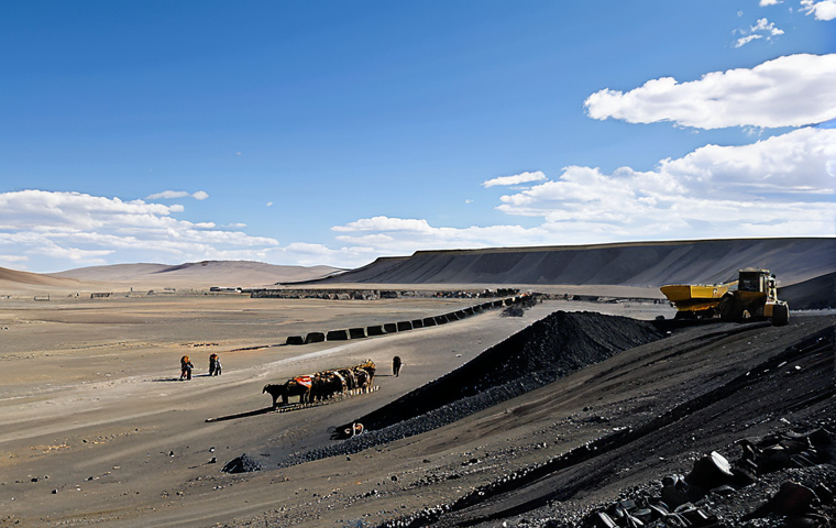Mining Landscape**
"A vast, open-pit coal mine in Mongolia, daytime, with heavy machinery operating in the distance. In the foreground, show the stark contrast with traditional nomadic herding land, perhaps with a single *ger* tent visible far away. Focus on the environmental impact and scale. Fully clothed workers are visible but not the focus. Safe for work, appropriate content, professional, perfect anatomy, natural proportions, fully clothed, dramatic sky."
**