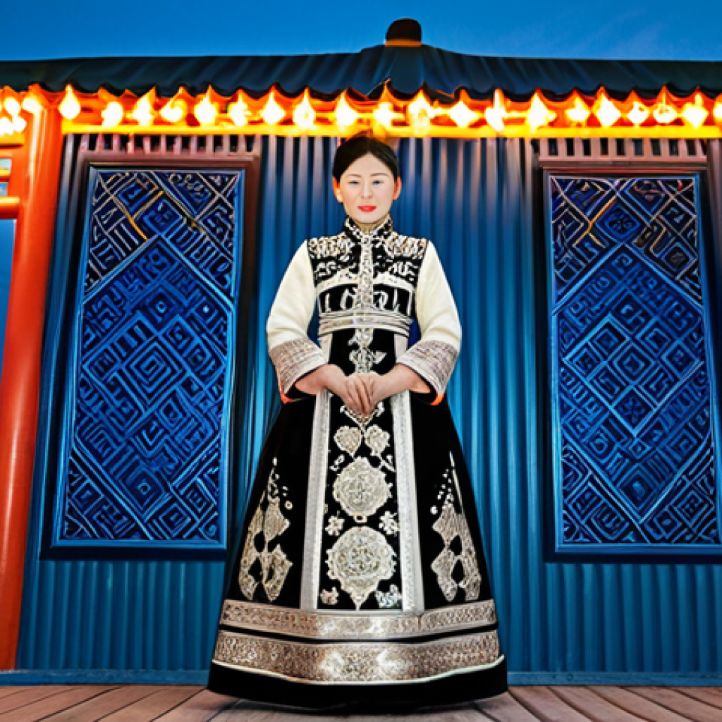 Modern Mongolian Bride**

"A professional photograph of a Mongolian bride in a modern deel, fully clothed, appropriate attire, incorporating traditional patterns with contemporary design, standing in front of a ger decorated with modern LED lights, safe for work, perfect anatomy, correct proportions, natural pose, professional, modest, family-friendly, high quality."

**