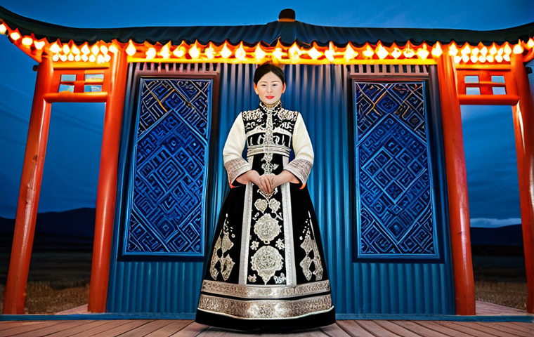 Modern Mongolian Bride**
"A professional photograph of a Mongolian bride in a modern deel, fully clothed, appropriate attire, incorporating traditional patterns with contemporary design, standing in front of a ger decorated with modern LED lights, safe for work, perfect anatomy, correct proportions, natural pose, professional, modest, family-friendly, high quality."
**