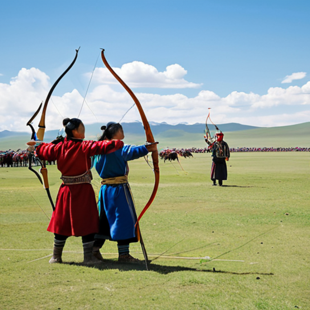 Naadam Festival**

"A vibrant scene from the Naadam festival in Mongolia. Focus on the archery competition with participants in traditional Mongolian attire, fully clothed. In the background, show spectators and the vast steppe landscape. Bright daylight, perfect anatomy, correct proportions, family-friendly, safe for work, appropriate content, professional photography."

**