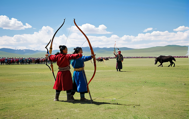Naadam Festival**
"A vibrant scene from the Naadam festival in Mongolia. Focus on the archery competition with participants in traditional Mongolian attire, fully clothed. In the background, show spectators and the vast steppe landscape. Bright daylight, perfect anatomy, correct proportions, family-friendly, safe for work, appropriate content, professional photography."
**