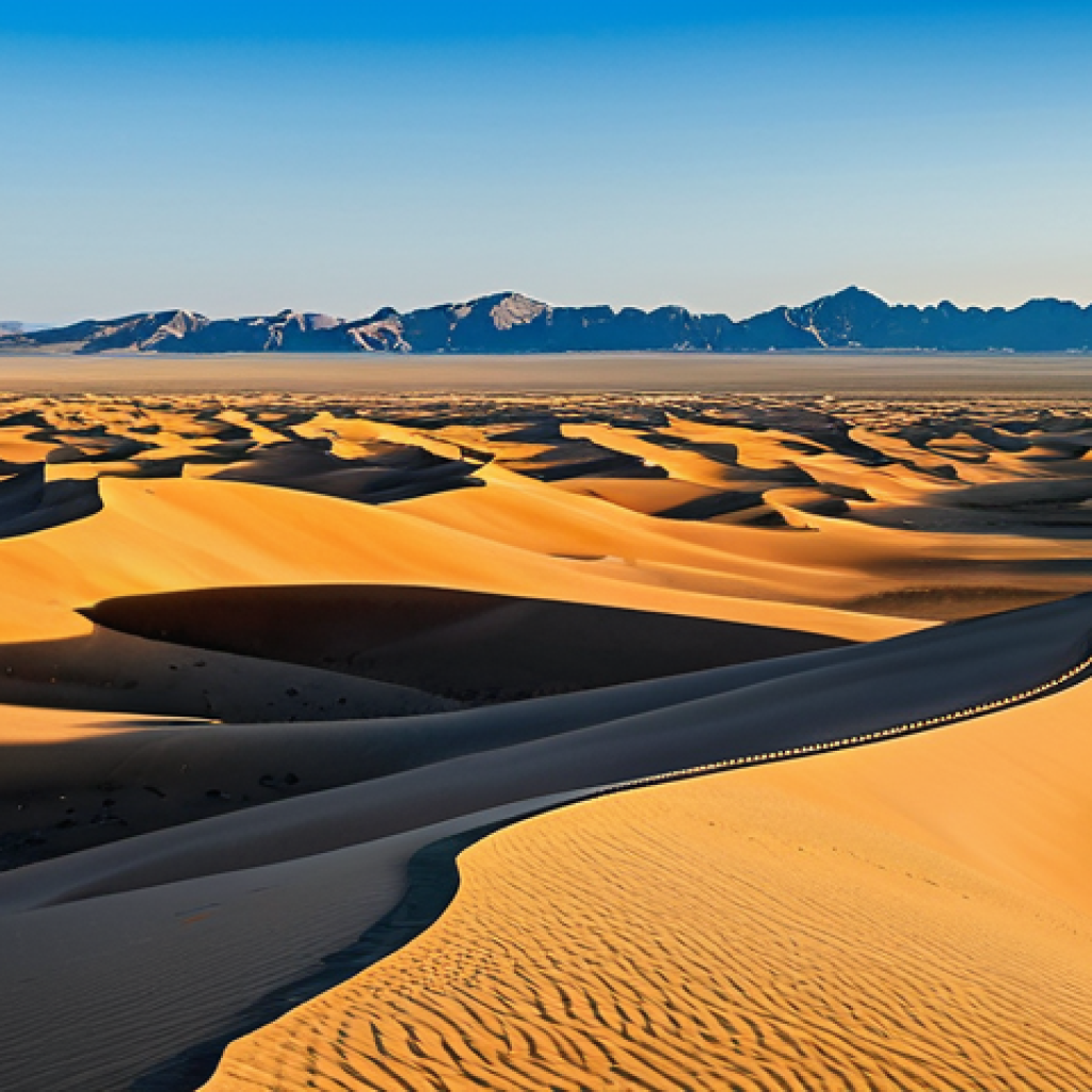 몽골에서의 볼거리와 먹거리 - Gobi Desert Landscape**
"A vast, panoramic view of the Gobi Desert, featuring the Khongoryn Els sin...