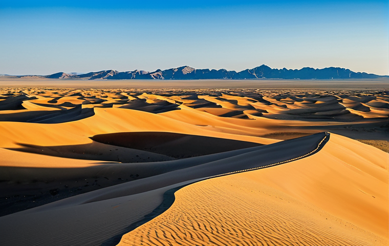 몽골에서의 볼거리와 먹거리 - Gobi Desert Landscape**
"A vast, panoramic view of the Gobi Desert, featuring the Khongoryn Els sin...