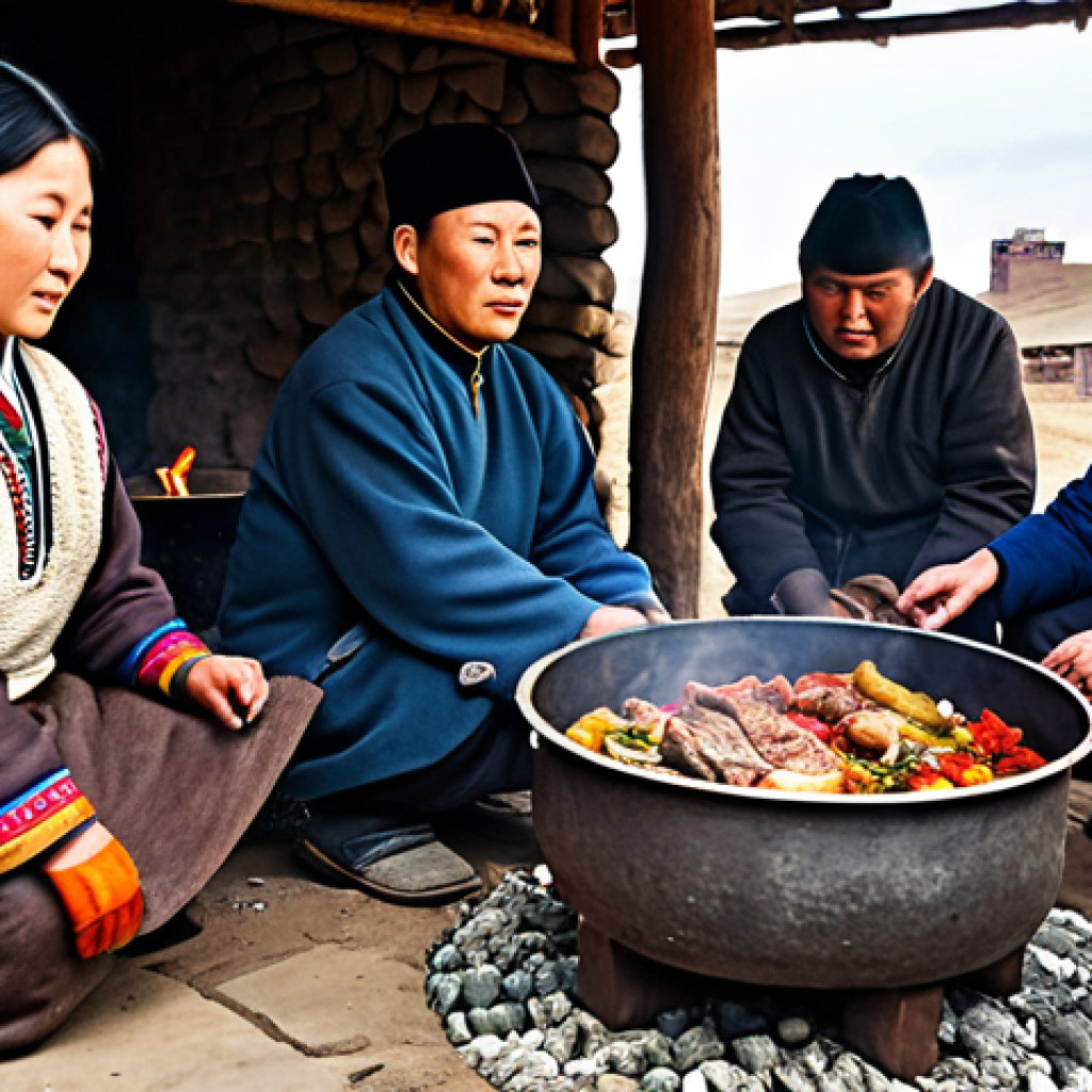 몽골의 전통 요리와 맛 - "A family-friendly scene depicting Khorkhog preparation, with a large metal pot containing meat and ...