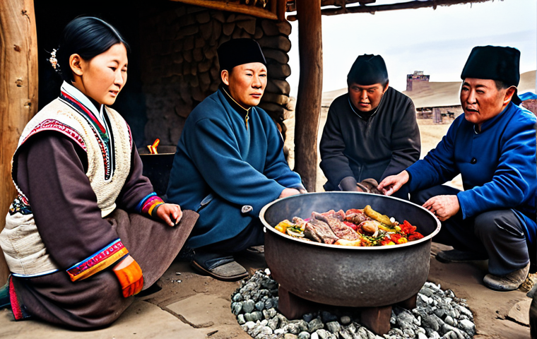몽골의 전통 요리와 맛 - "A family-friendly scene depicting Khorkhog preparation, with a large metal pot containing meat and ...