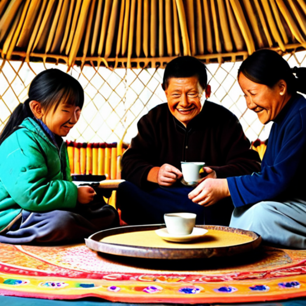 몽골에서의 문화적 체험 - **Prompt 1: Authentic Mongolian Ger Interior with Nomadic Family Sharing Tea**
"A cozy and warml...