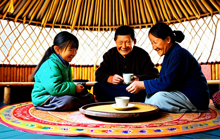 몽골에서의 문화적 체험 - **Prompt 1: Authentic Mongolian Ger Interior with Nomadic Family Sharing Tea**
"A cozy and warml...