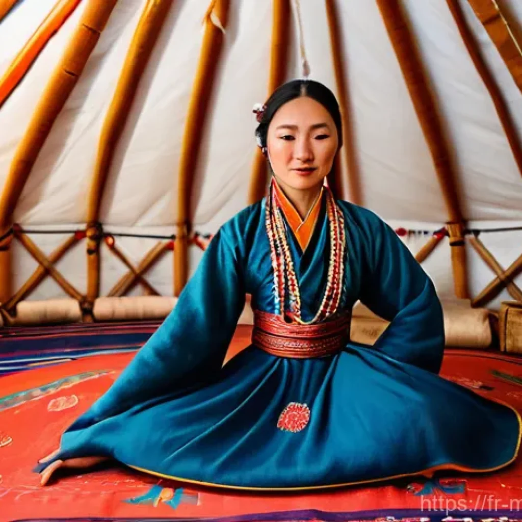 몽골의 전통 춤의 의미 - **Biyelgee Dance in a Yurt**
    An elegant Mongolian female dancer, seated gracefully on a colorful...