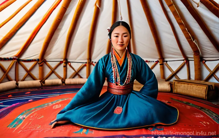 몽골의 전통 춤의 의미 - **Biyelgee Dance in a Yurt**
    An elegant Mongolian female dancer, seated gracefully on a colorful...