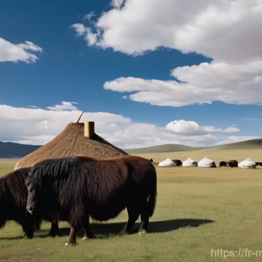 몽골의 주요 영화 촬영지 - **"A serene wide shot capturing a traditional Mongolian nomadic camp nestled in the vast, golden ste...