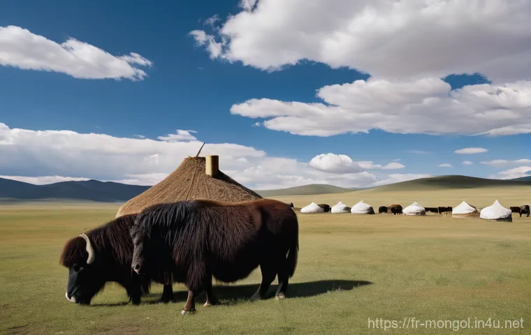 몽골의 주요 영화 촬영지 - **"A serene wide shot capturing a traditional Mongolian nomadic camp nestled in the vast, golden ste...