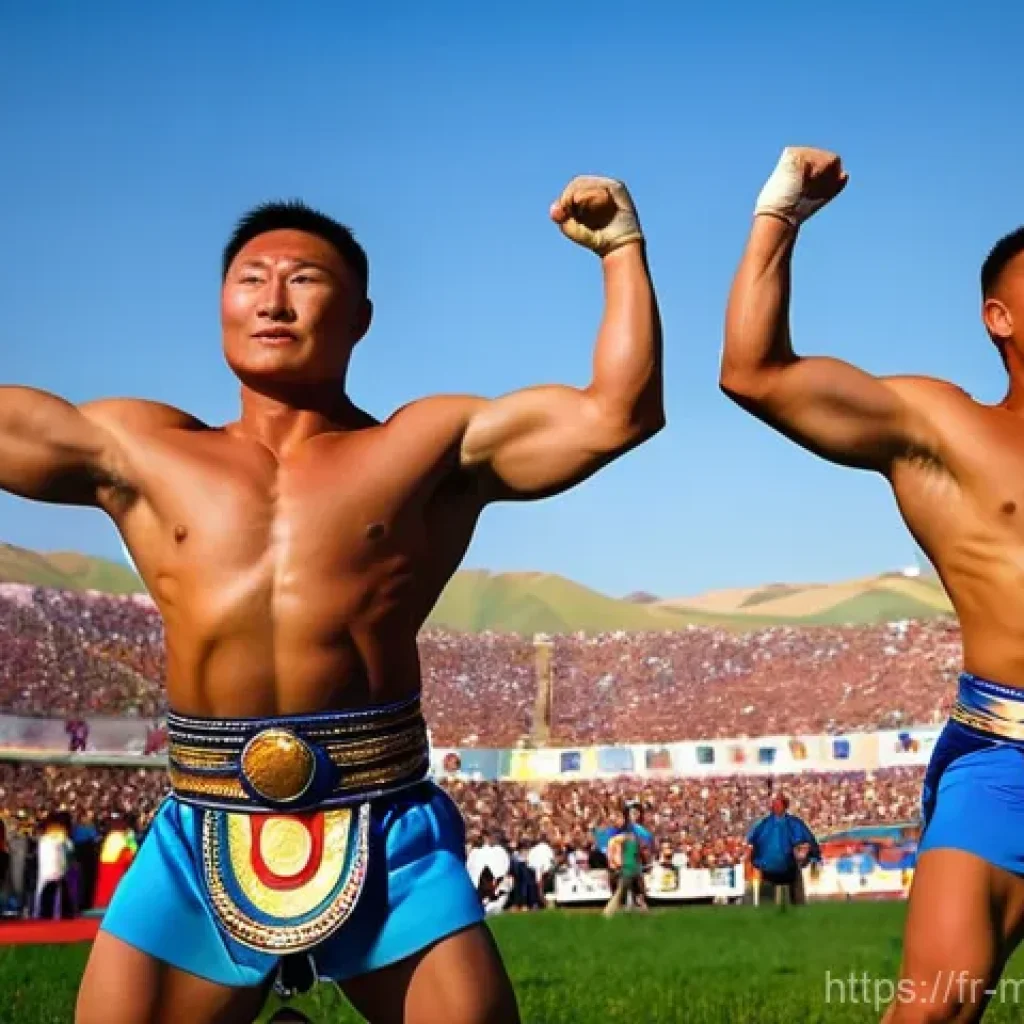 몽골에서의 독특한 놀이 - **Prompt 1: Mongolian Wrestlers at Naadam Festival**
    "A dynamic shot of two muscular Mongolian w...