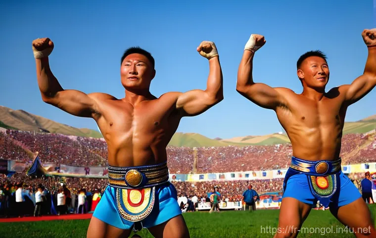 몽골에서의 독특한 놀이 - **Prompt 1: Mongolian Wrestlers at Naadam Festival**
    "A dynamic shot of two muscular Mongolian w...
