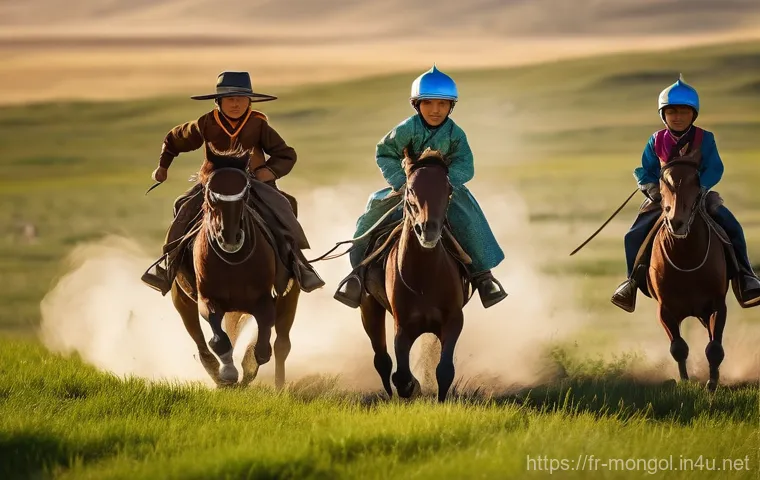 몽골에서의 독특한 놀이 - **Prompt 1: Mongolian Wrestlers at Naadam Festival**
    "A dynamic shot of two muscular Mongolian w...