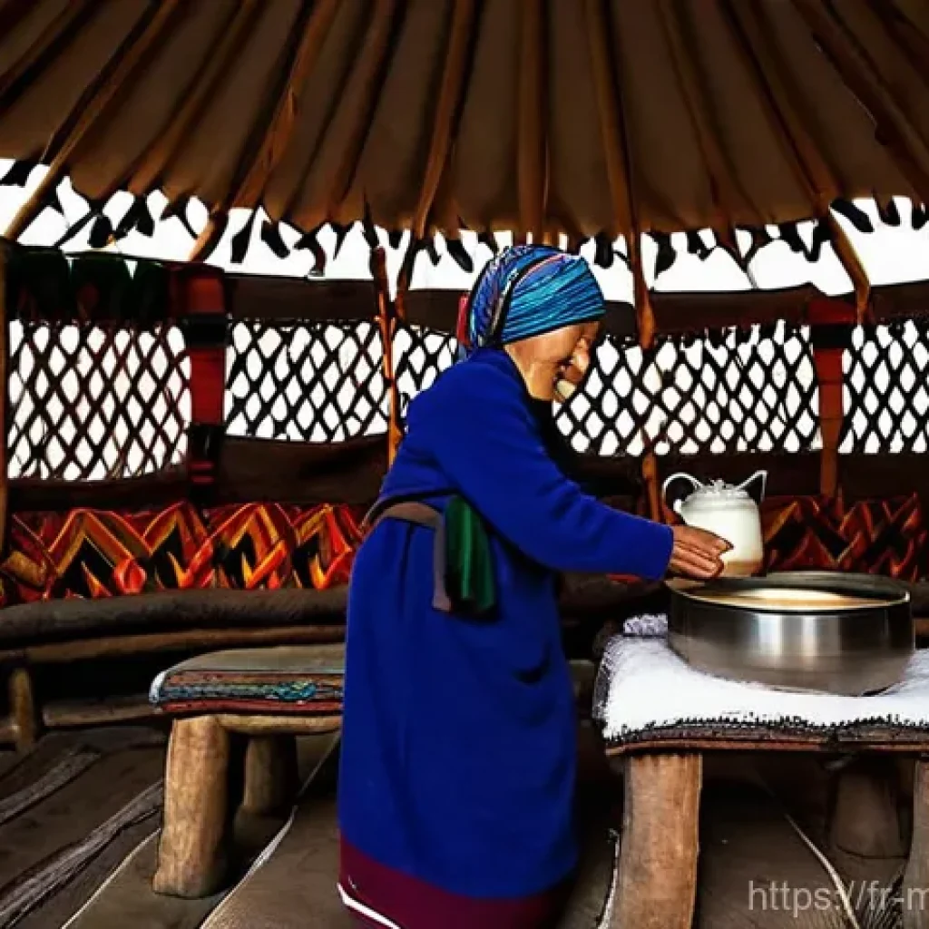 몽골 여행 시 소통 팁 - **Prompt:** A heartwarming scene inside a traditional Mongolian ger (yurt) at dusk. A friendly, elde...