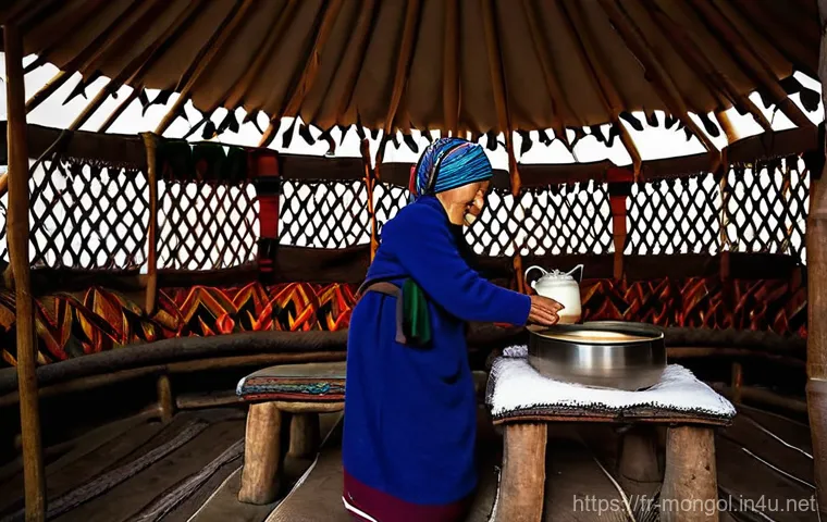 몽골 여행 시 소통 팁 - **Prompt:** A heartwarming scene inside a traditional Mongolian ger (yurt) at dusk. A friendly, elde...