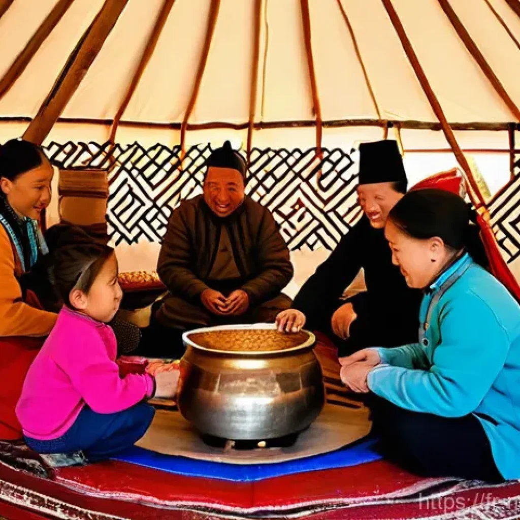 몽골 현지 음식을 배우는 체험 - **A warm, inviting scene inside a traditional Mongolian yurt, where a family (parents and a child, a...