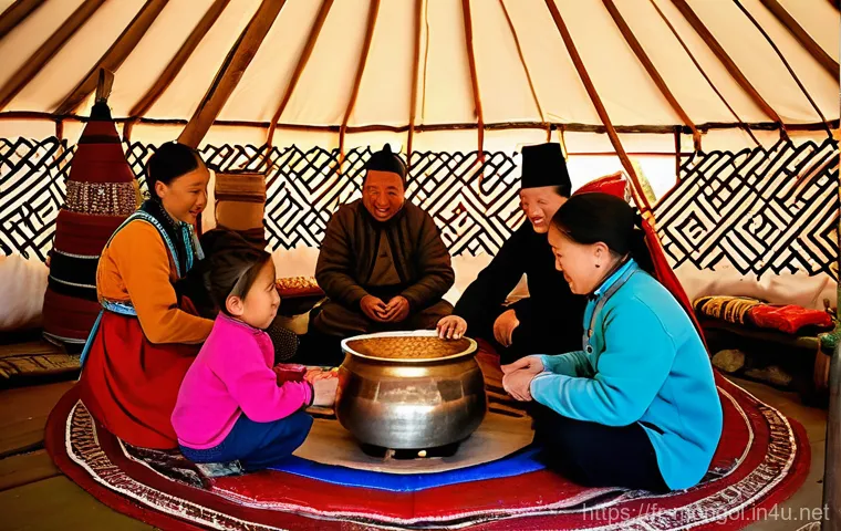 몽골 현지 음식을 배우는 체험 - **A warm, inviting scene inside a traditional Mongolian yurt, where a family (parents and a child, a...
