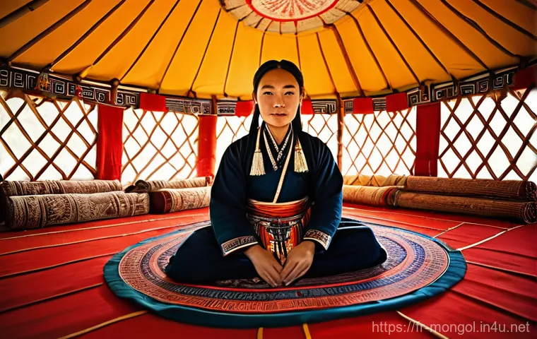 몽골 전통 무용 공연 - **Biyelgee Dance in a Yurt:** A graceful Mongolian female dancer, with traditional Mongolian feature...