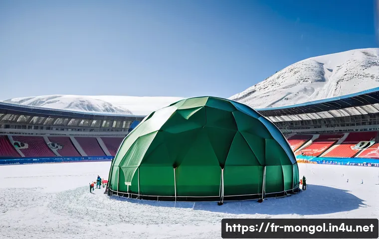 몽골의 주요 축구 경기 - **"Spring in Winter" Football Dome:**
A vibrant, ultra-realistic photograph capturing a professi...