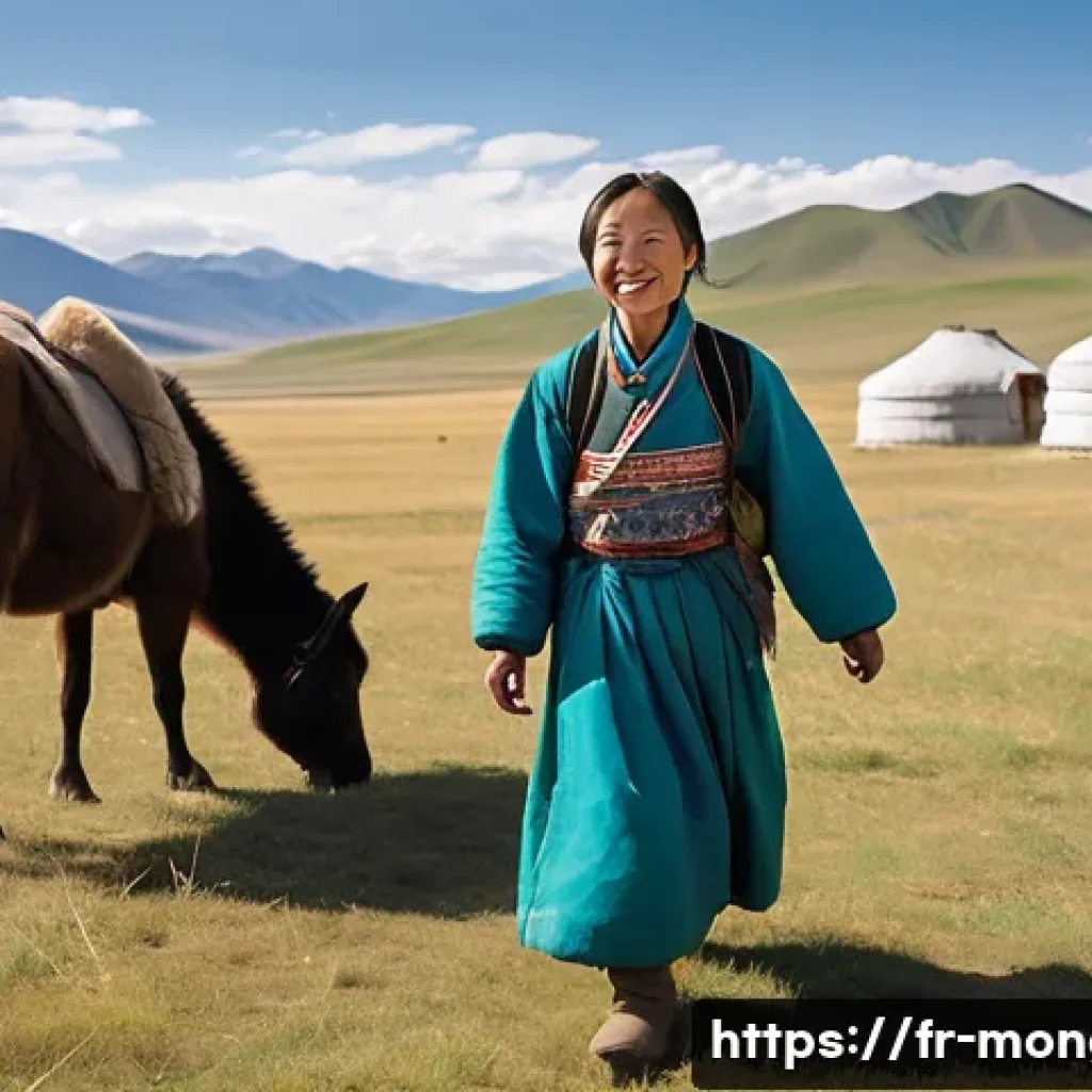 몽골 여행 비용 절약 팁 - **Prompt:** "A captivating scene of a female backpacker, appearing to be in her late 20s, warmly dre...