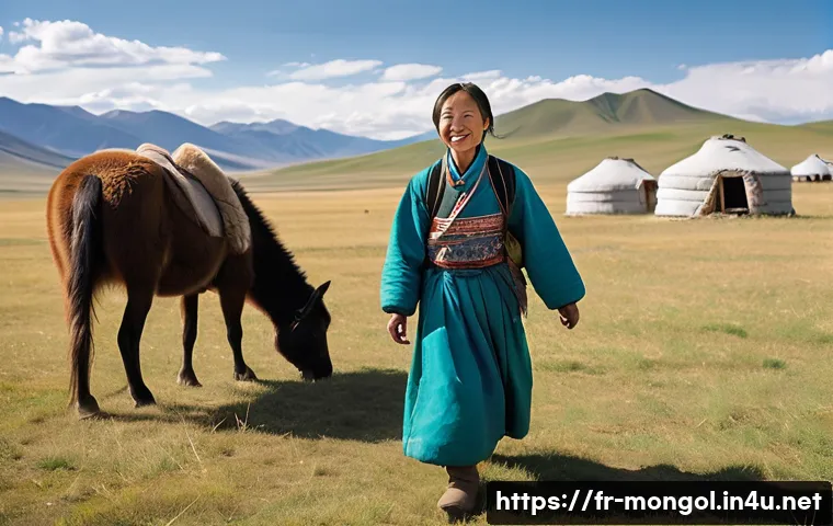 몽골 여행 비용 절약 팁 - **Prompt:** "A captivating scene of a female backpacker, appearing to be in her late 20s, warmly dre...