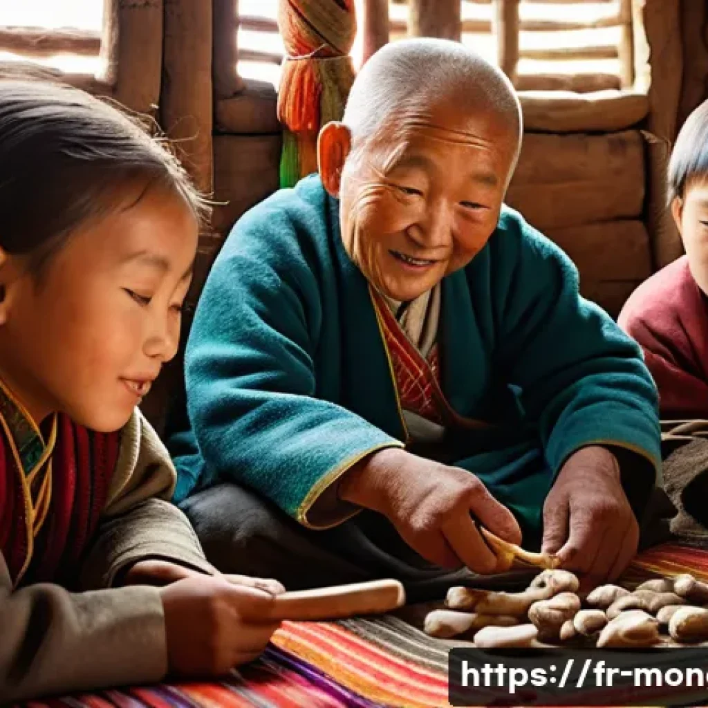 몽골 전통 보드 게임 - **Prompt 1: Shagai - The Knucklebone Game**
"A vibrant, medium shot of a group of Mongolian chil...