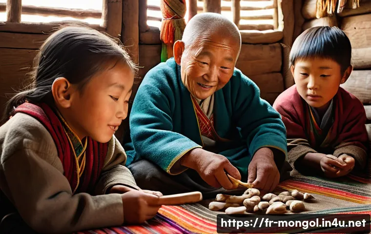 몽골 전통 보드 게임 - **Prompt 1: Shagai - The Knucklebone Game**
"A vibrant, medium shot of a group of Mongolian chil...