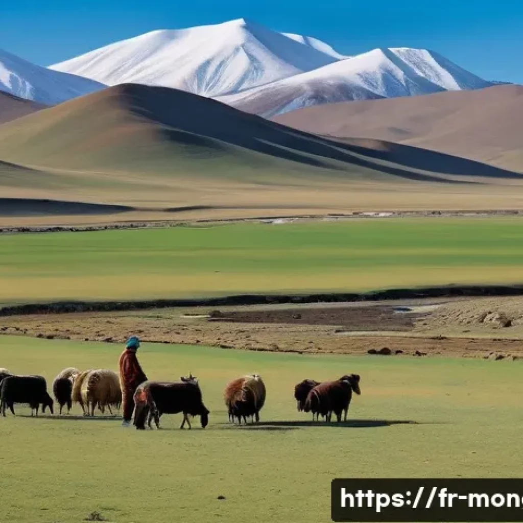 몽골 농업의 지속 가능성 - A panoramic view of a traditional Mongolian pastoral landscape during early spring, featuring nomadi...