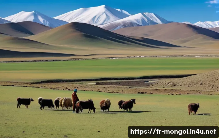 몽골 농업의 지속 가능성 - A panoramic view of a traditional Mongolian pastoral landscape during early spring, featuring nomadi...