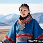 Home 22 몽골의 전통 의복 제조 기술 - A traditional Mongolian nomadic woman wearing a deel made from thick wool and cashmere, featuring a ...
