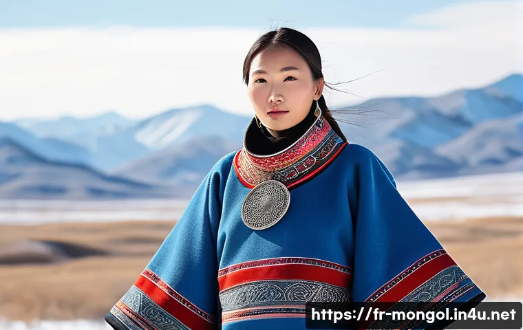 몽골의 전통 의복 제조 기술 - A traditional Mongolian nomadic woman wearing a deel made from thick wool and cashmere, featuring a ...