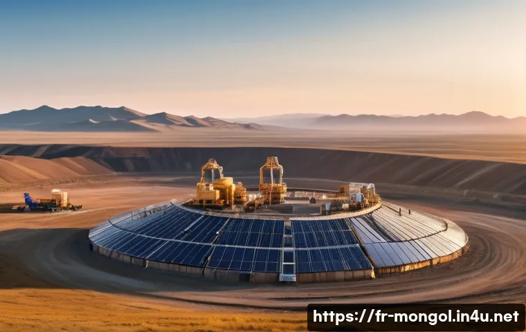 몽골 경제 성장 요인 - A panoramic view of a modern Mongolian mining site during golden hour, showcasing large copper and c...