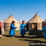 Home 20 몽골과 러시아의 문화적 연결 - A vibrant scene depicting a traditional Mongolian nomadic camp with several yurts set against the va...