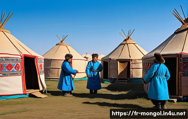 몽골과 러시아의 문화적 연결 - A vibrant scene depicting a traditional Mongolian nomadic camp with several yurts set against the va...