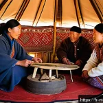 Home 19 몽골 주요 관광지 - A traditional Mongolian nomadic family inside a cozy ger (yurt) during daytime, featuring men and wo...