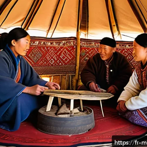 Home 31 몽골 주요 관광지 - A traditional Mongolian nomadic family inside a cozy ger (yurt) during daytime, featuring men and wo...