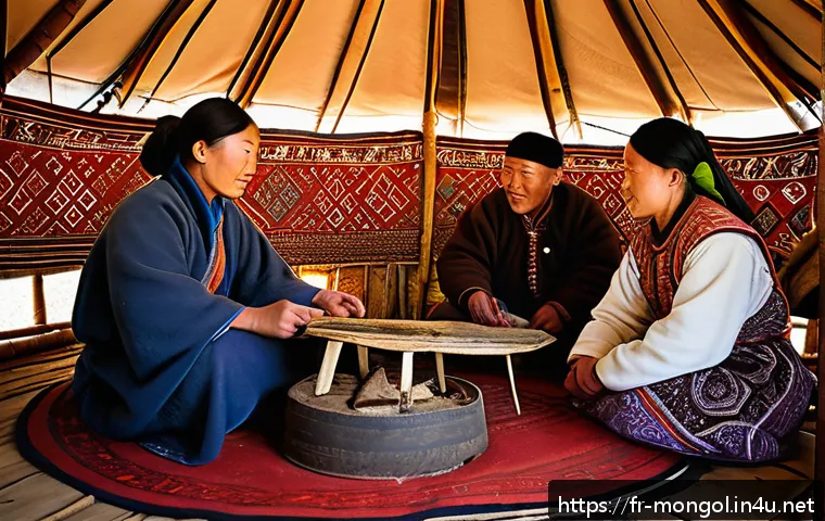 몽골 주요 관광지 - A traditional Mongolian nomadic family inside a cozy ger (yurt) during daytime, featuring men and wo...