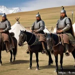 Home 18 칭기즈칸 유적지 - A detailed scene depicting Mongol warriors in a nomadic camp during the era of Genghis Khan, showing...