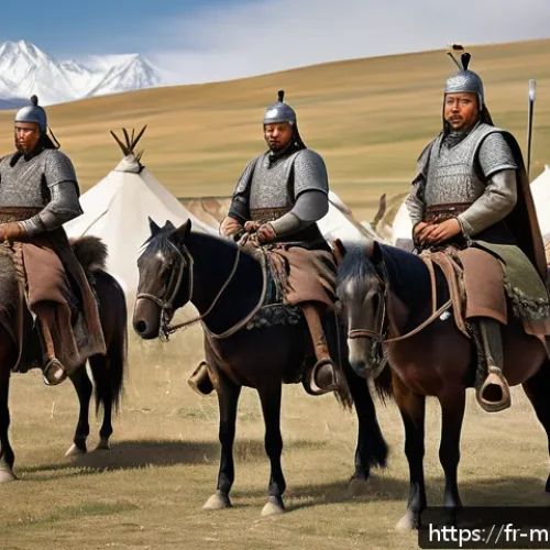 Home 30 칭기즈칸 유적지 - A detailed scene depicting Mongol warriors in a nomadic camp during the era of Genghis Khan, showing...